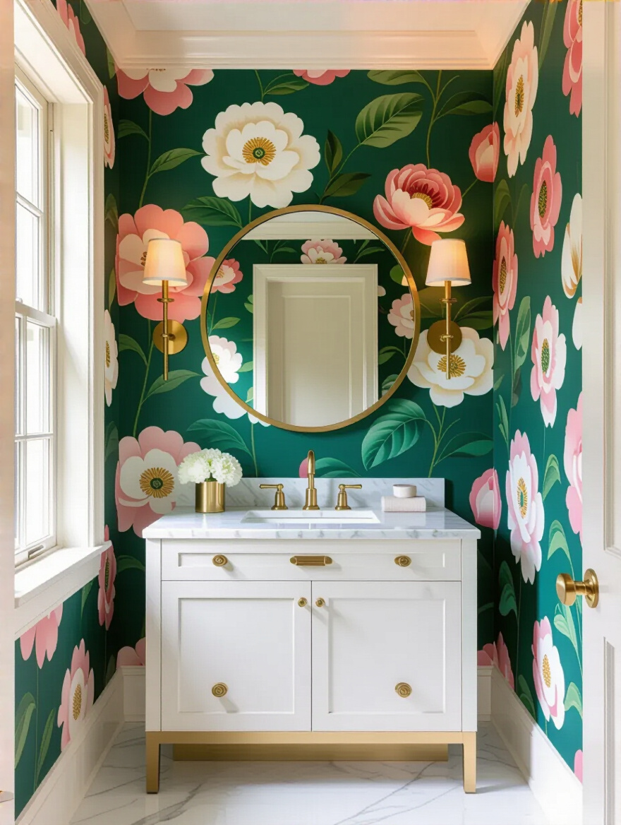 Luxurious powder room with bold floral wallpaper, gold fixtures, and marble vanity