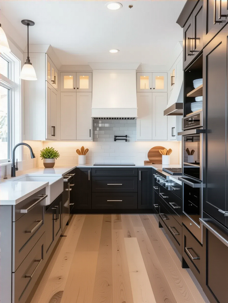 Modern kitchen with various cabinet styles showcasing optimized storage solutions and sleek design in a bright, professional setting