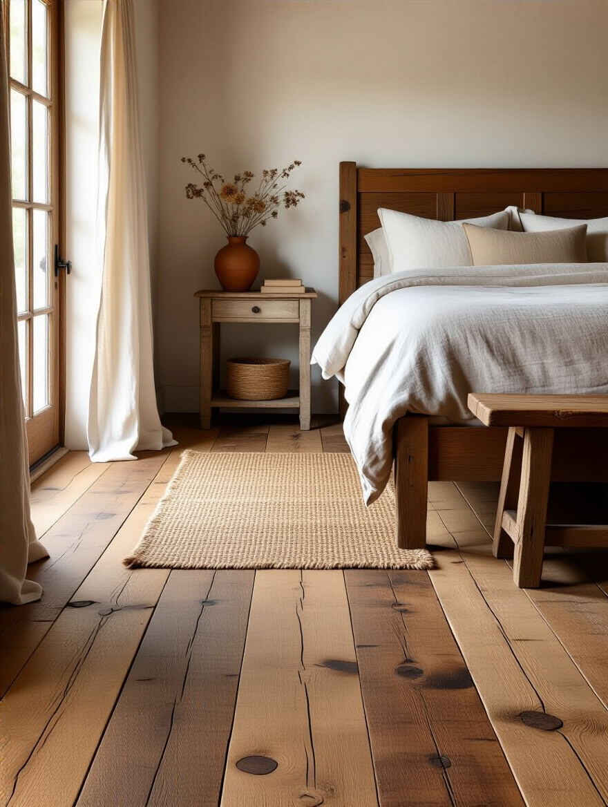 Vertical shot of a rustic bedroom showcasing wide-plank distressed oak flooring with visible knots, hand-scraped texture, a linen-covered bed and warm natural light.