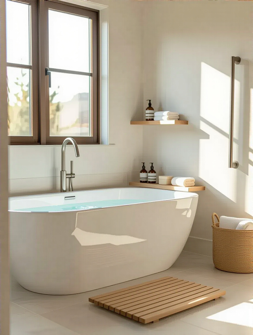 Modern bathroom featuring a freestanding bathtub with functional accessories including grab bars, non-slip mats, and teak floating shelves