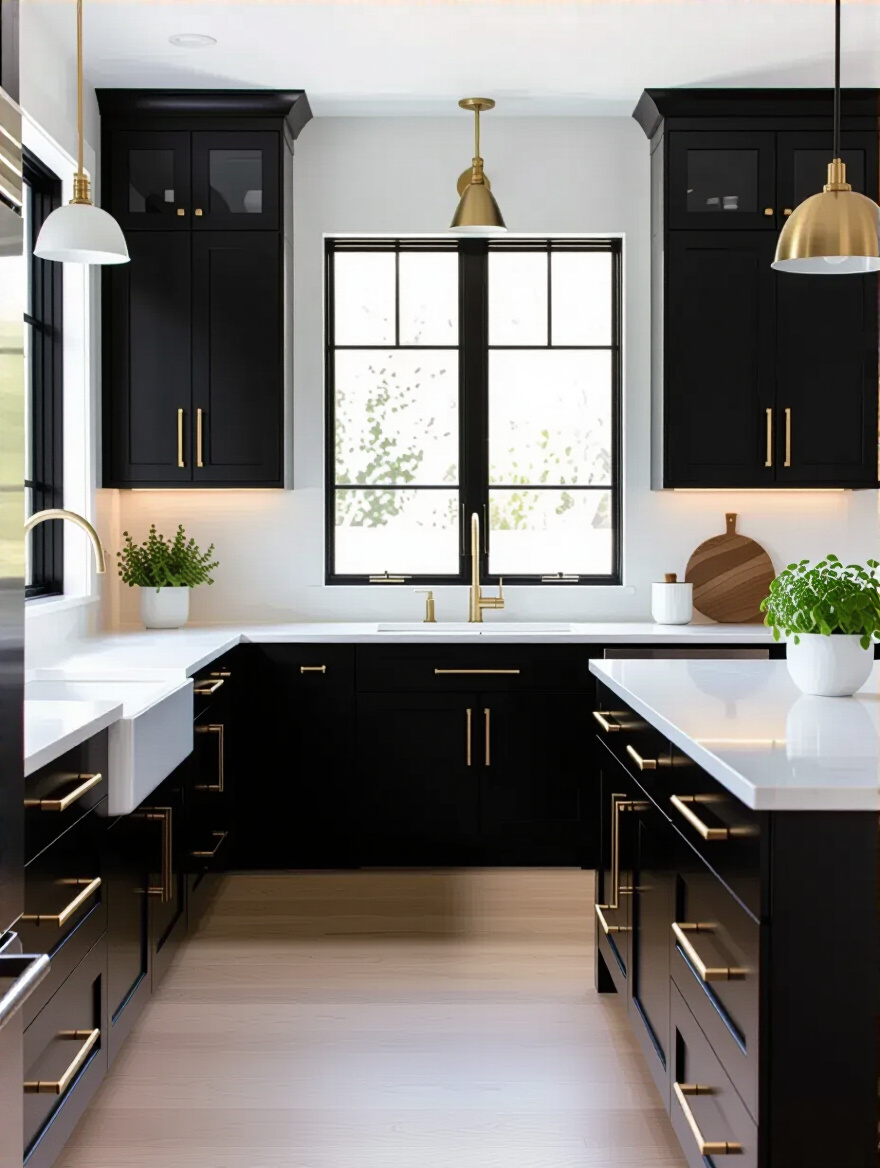 Portrait of a modern black kitchen focusing on cabinet hardware with warm lighting.