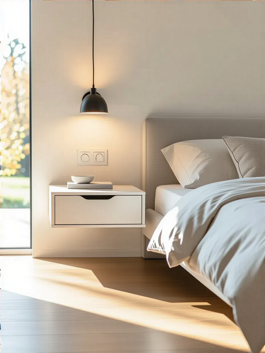 Modern bedroom with wall-mounted floating nightstand and open floor space