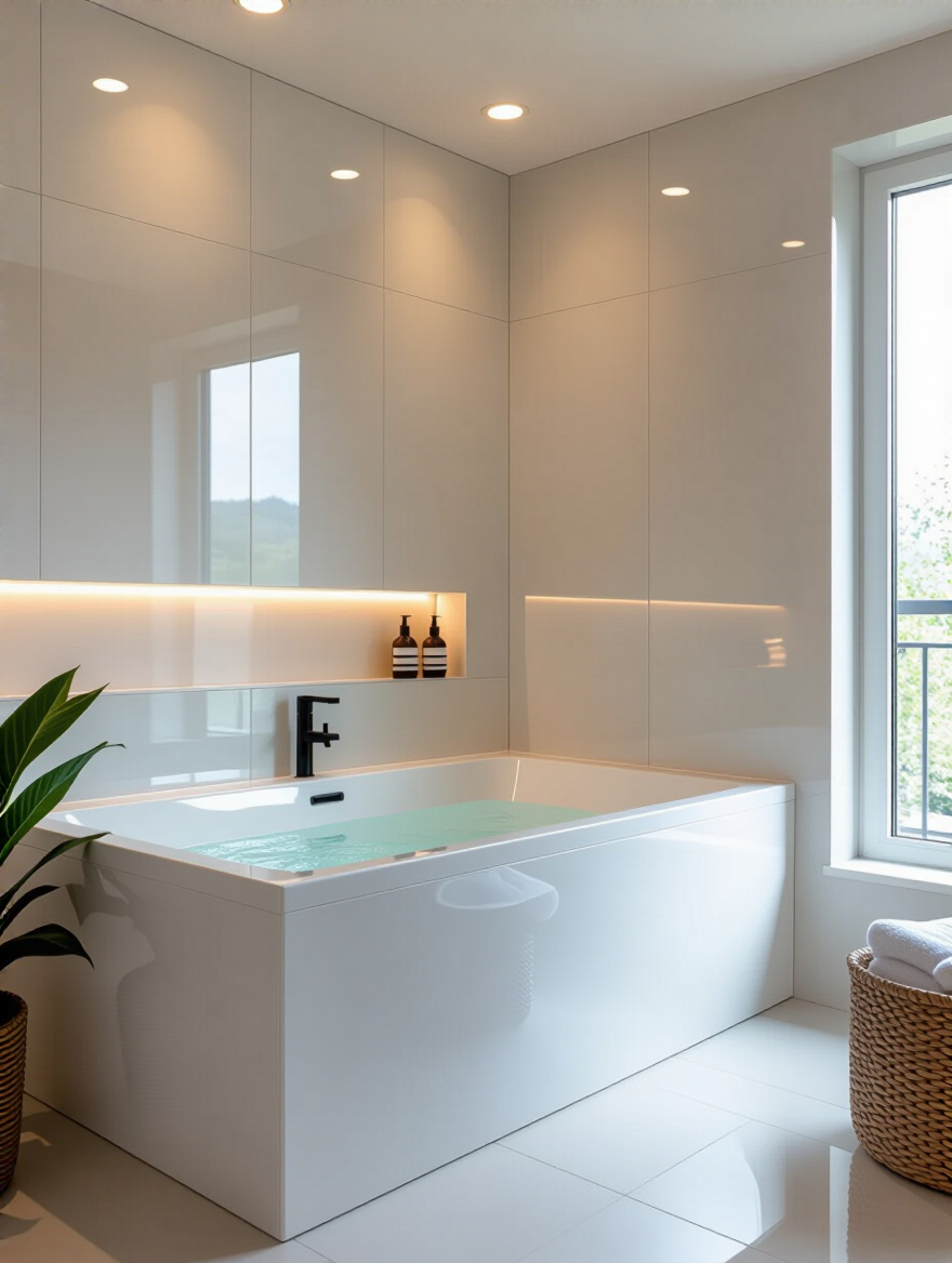 Modern bathtub with sleek waterproof acrylic wall surrounds in a bright bathroom, showing seamless installation and protective design