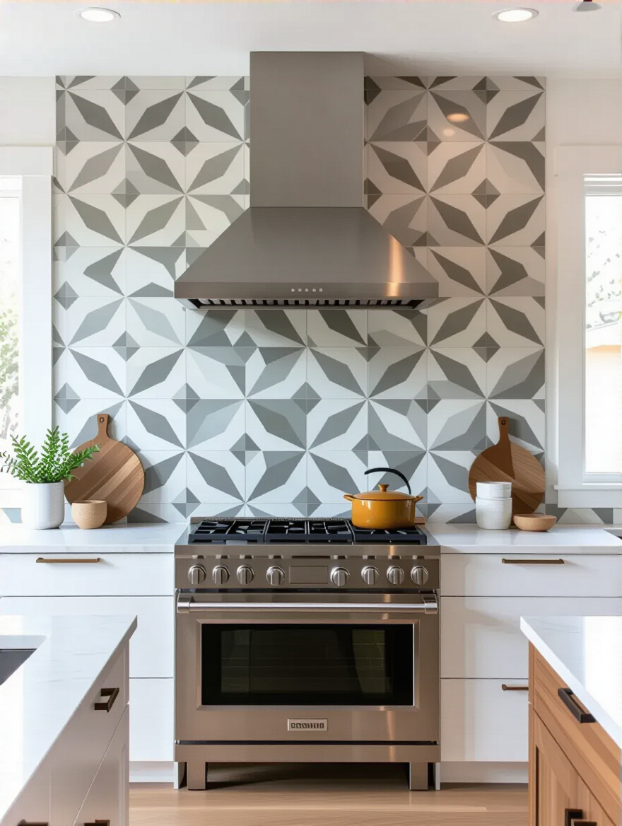 Modern kitchen with a bold geometric pattern statement backsplash extending from countertop to ceiling behind stainless steel range, minimalist cabinetry and natural light