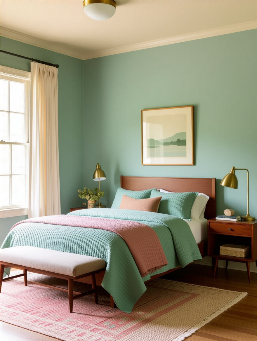 Vertical portrait of a vintage-inspired bedroom corner with a cohesive, desaturated pastel-and-cream color palette.