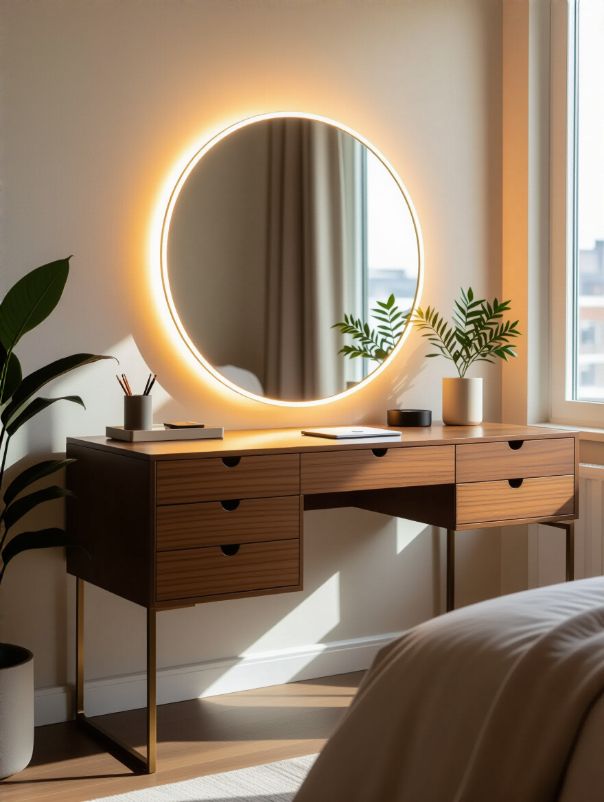 Modern bedroom corner with an elegant lacquered wood desk or vanity featuring integrated storage, circular LED mirror, and minimalist decor