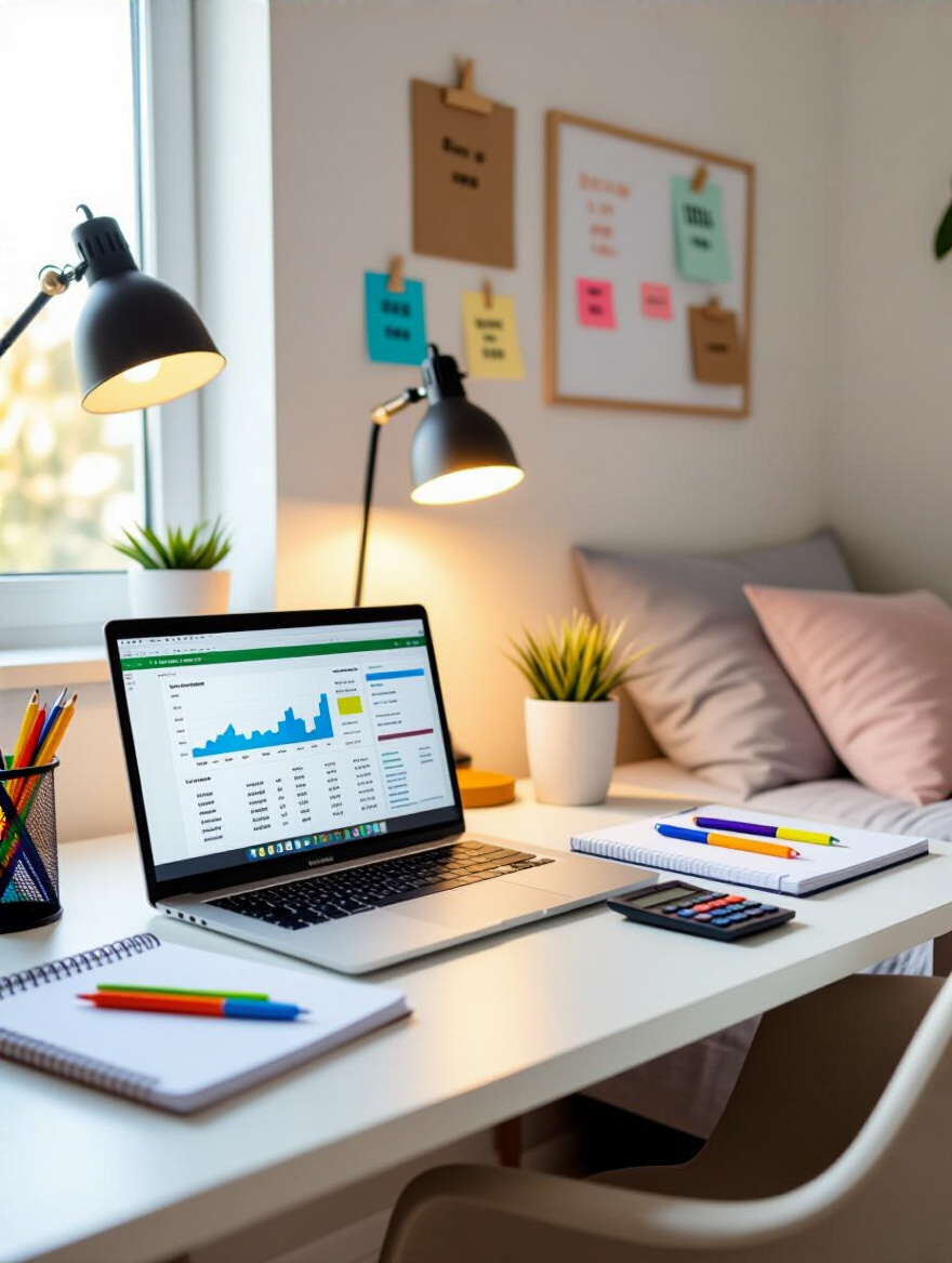 Teen bedroom design budgeting workspace with laptop, calculator, and mood boards in natural and warm lighting