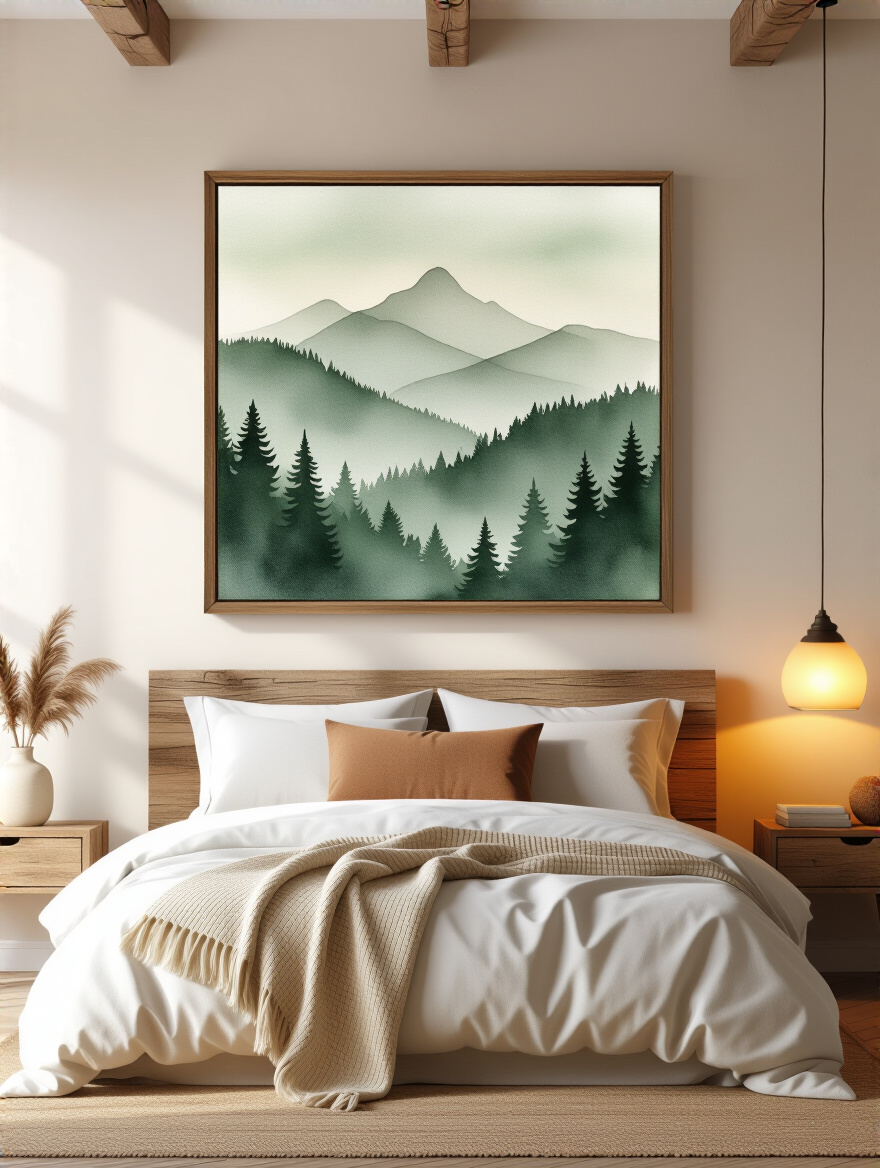 Rustic bedroom with large linen canvas forest artwork above bed, reclaimed wood headboard, textured linen bedding and dried grasses on wooden nightstand