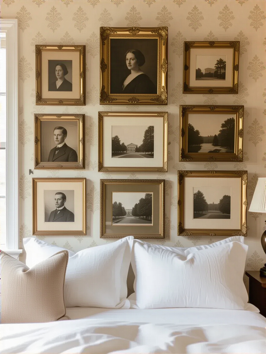 Bedroom wall with a gallery of vintage photo frames and warm ambient lighting