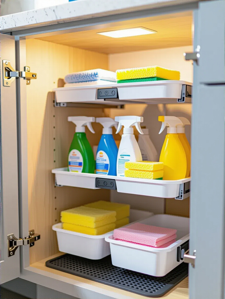Organized under-sink cabinet with tiered shelving and secured cleaning supplies.