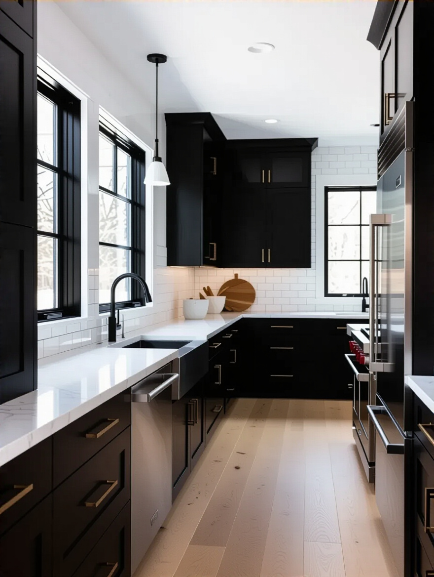 Portrait view of a modern kitchen with matte black cabinets and daylight from a large window