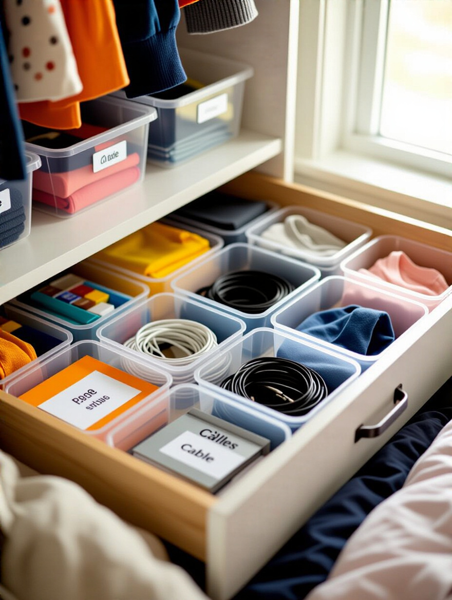 Organized teen bedroom drawer with clear labeled bins and adjustable dividers neatly separating belongings