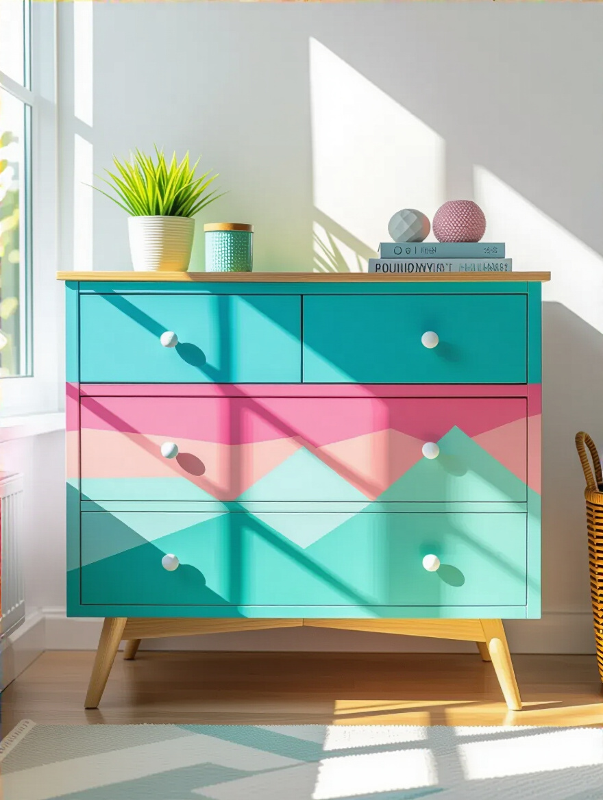 Freshly painted and decorated wooden dresser in a teenager's bedroom showcasing furniture upcycling with vibrant paint and geometric decals