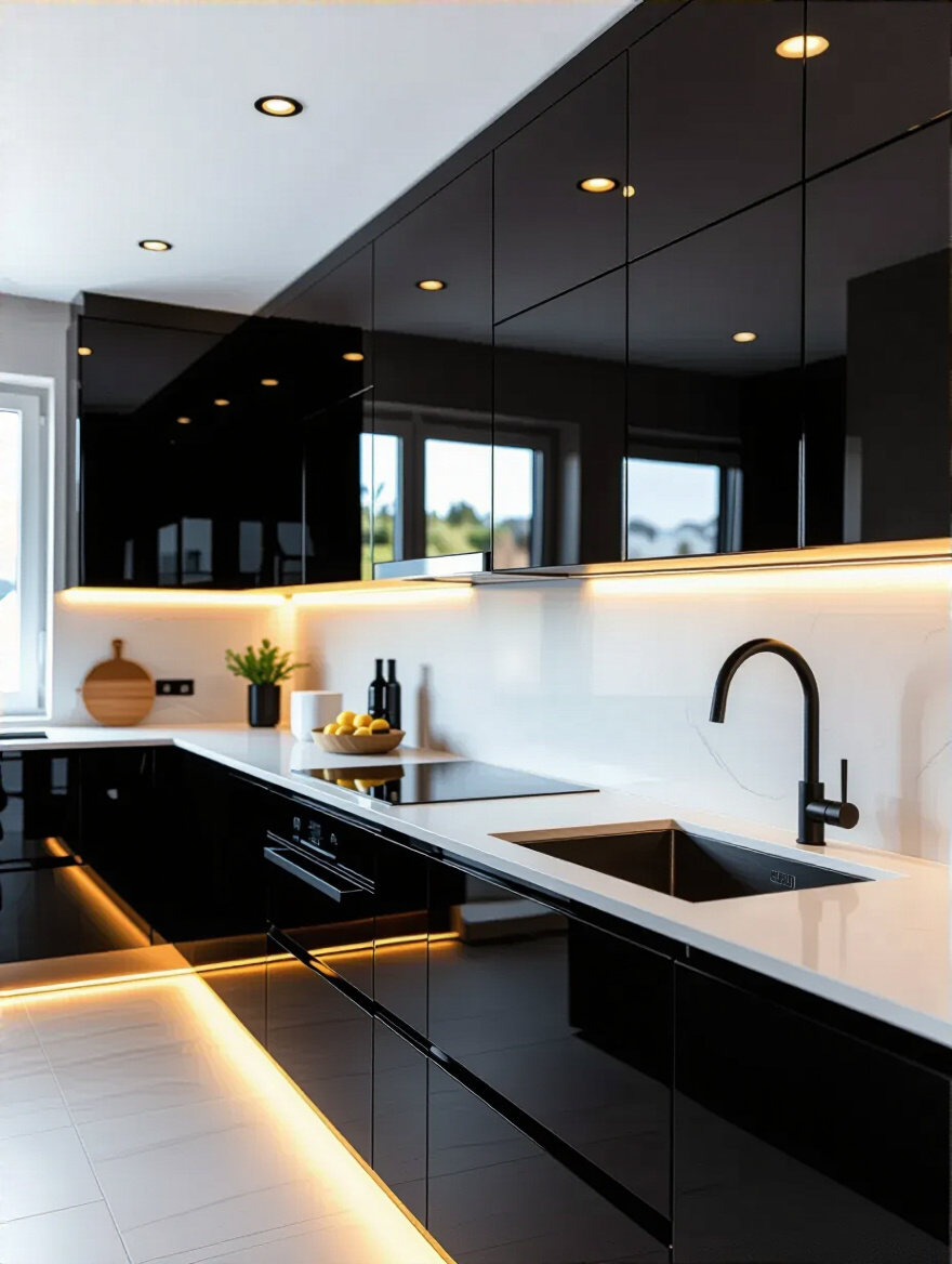 Sleek black kitchen cabinets with a microfiber cloth and anti-static spray on the counter, illustrating reduced dust visibility.