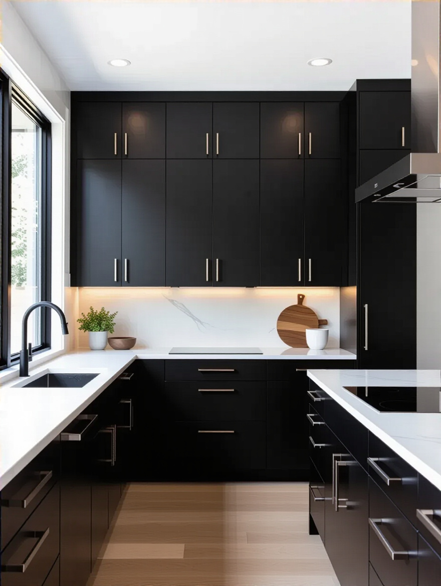 Portrait view of sleek matte black cabinets with anti-fingerprint finish in a modern kitchen