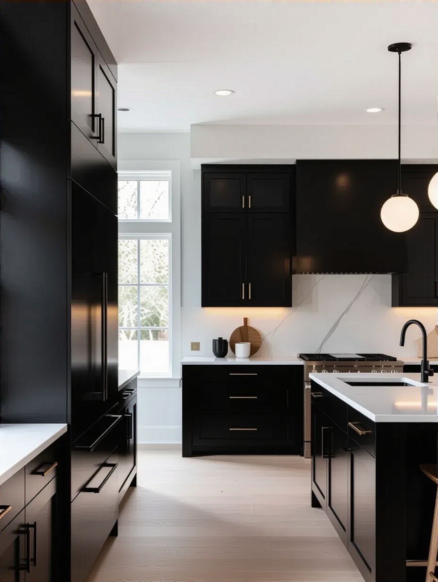 Portrait kitchen scene showing matte black cabinets on one side and glossy black cabinets on the other, with warm lighting and clean surfaces