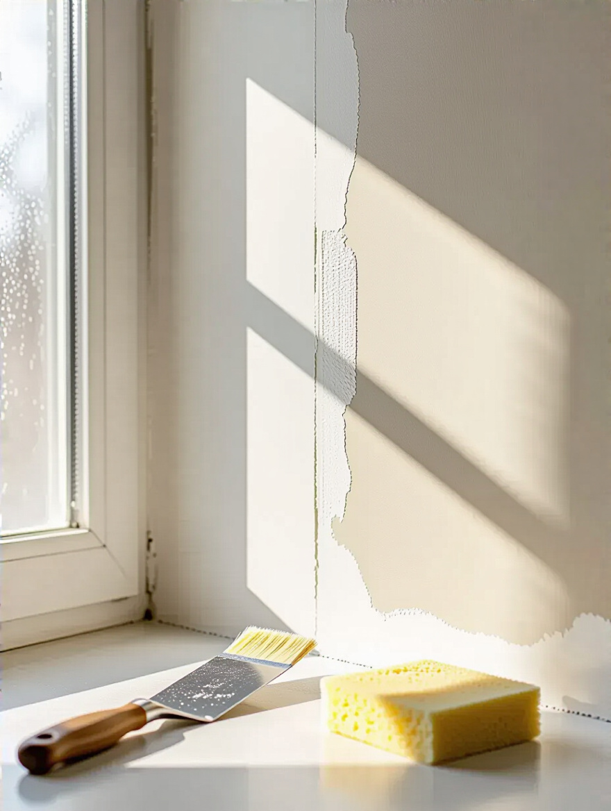 Vertical bathroom wall being prepared for wallpaper with patching and priming visible, tools nearby