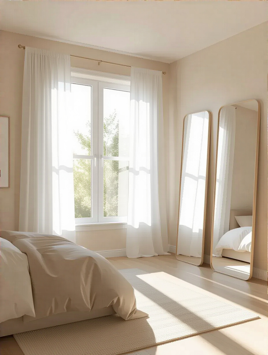 Bright teenage bedroom with large windows, sheer curtains, light pastel walls, and mirrors reflecting natural daylight
