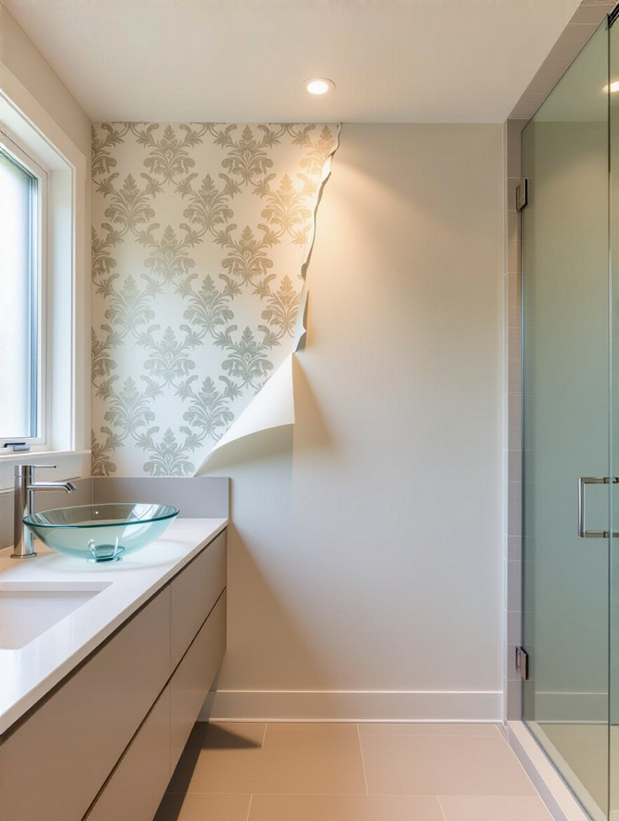 Vertical bathroom wall with peelable wallpaper partially removed to reveal a clean primed surface, natural daylight, modern fixtures.