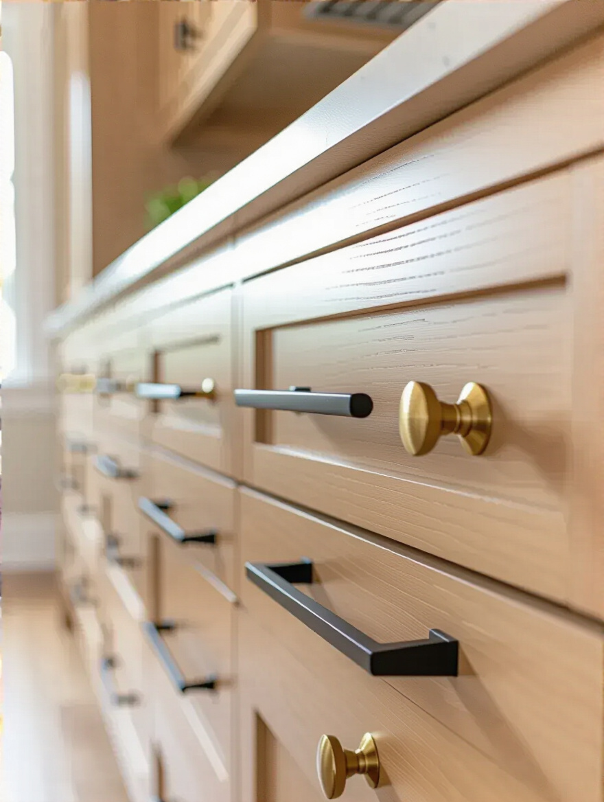 Close-up portrait of modern kitchen cabinets featuring upgraded matte black and brass cabinet hardware