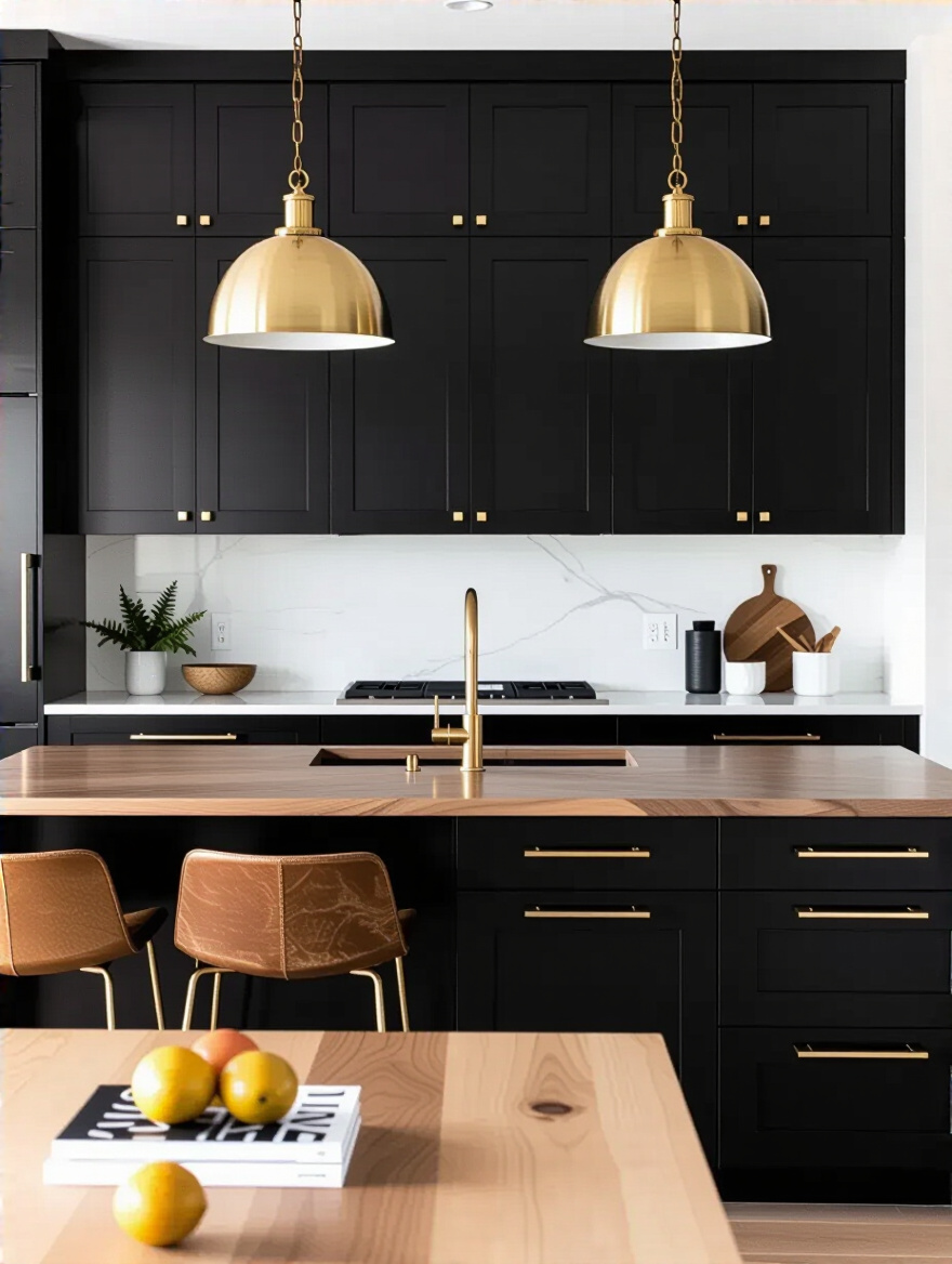 Vertical shot of a black kitchen highlighting metallic finishes such as brushed brass hardware and a brass faucet for modern sparkle.