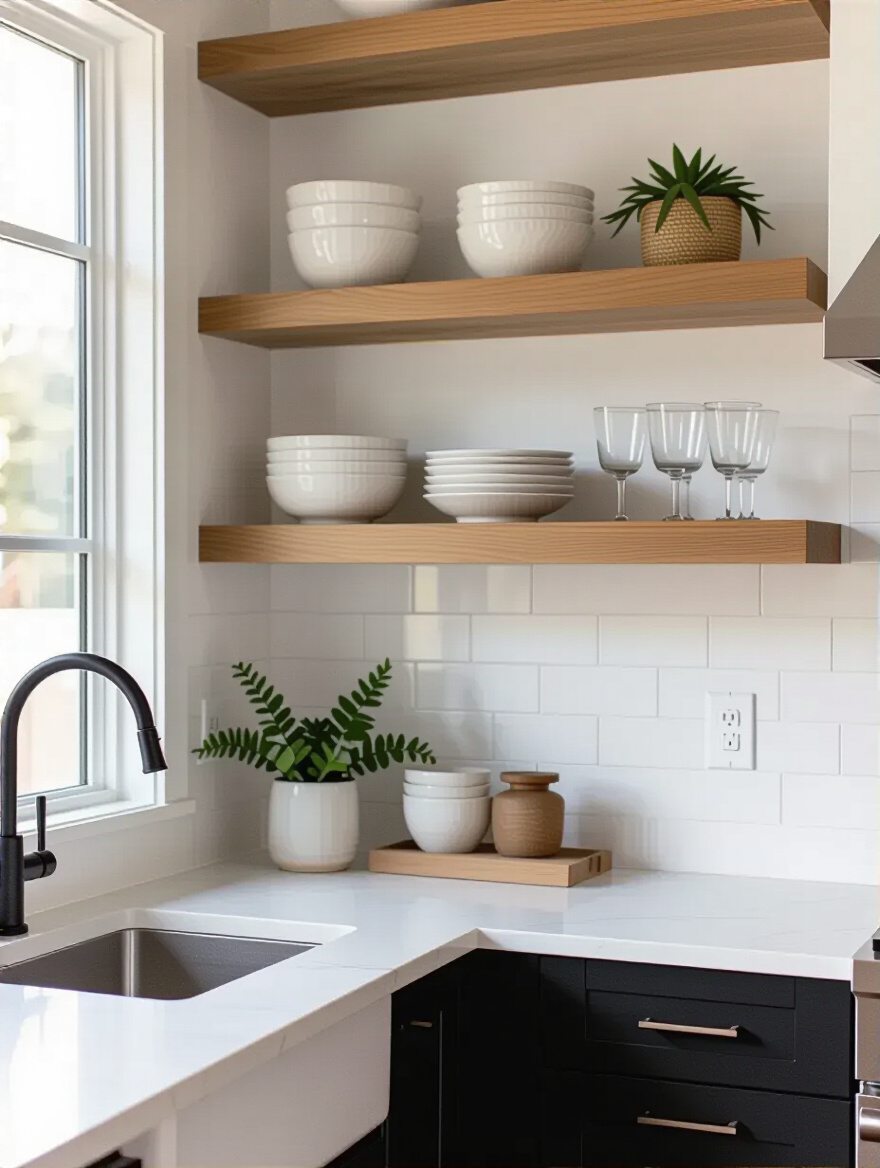 Vertical kitchen with black cabinets and warm wood open shelves displaying ceramics and glassware