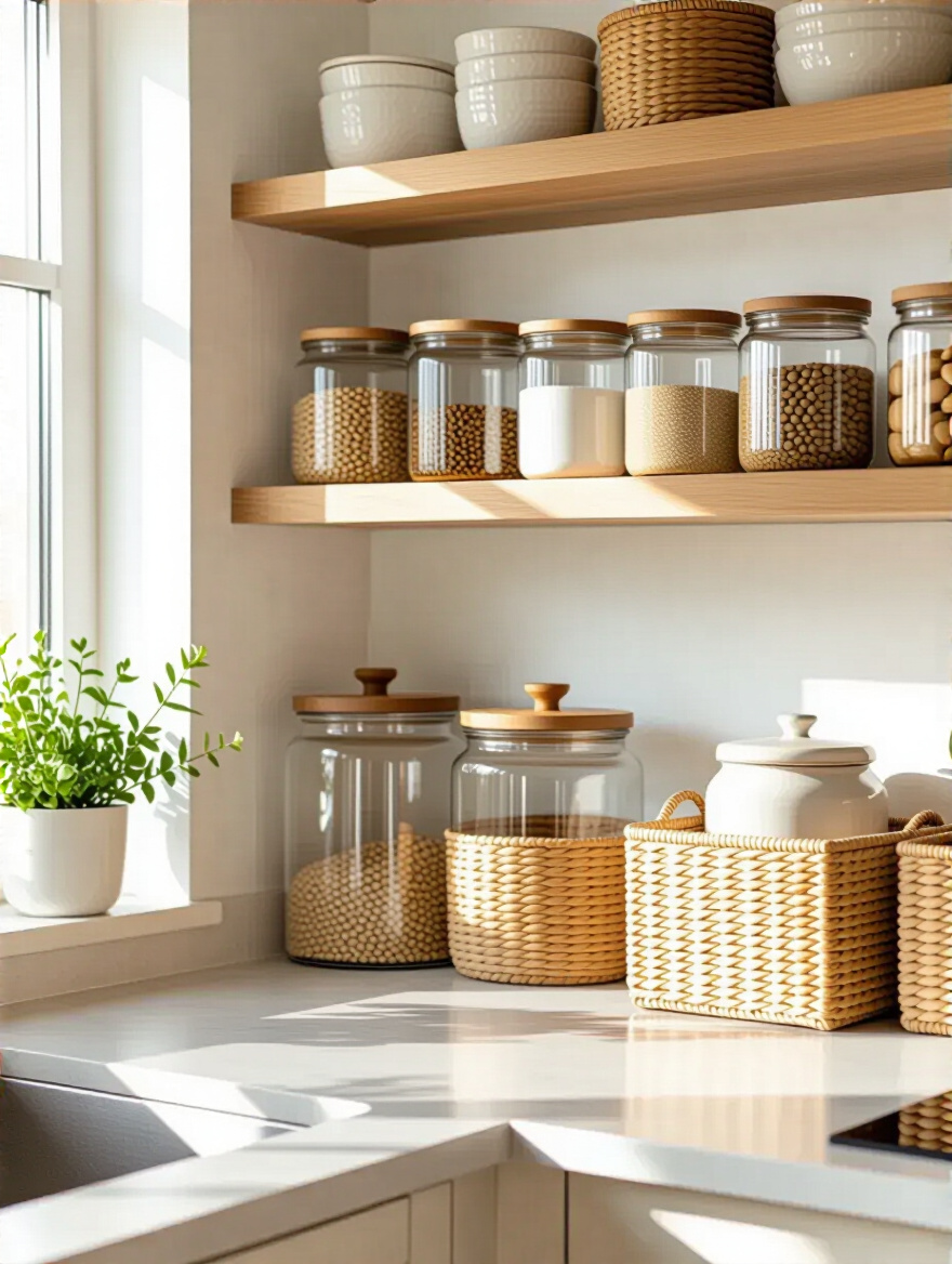 Modern kitchen corner featuring decorative storage solutions with glass canisters, ceramic jars, and woven baskets on open shelves and countertop