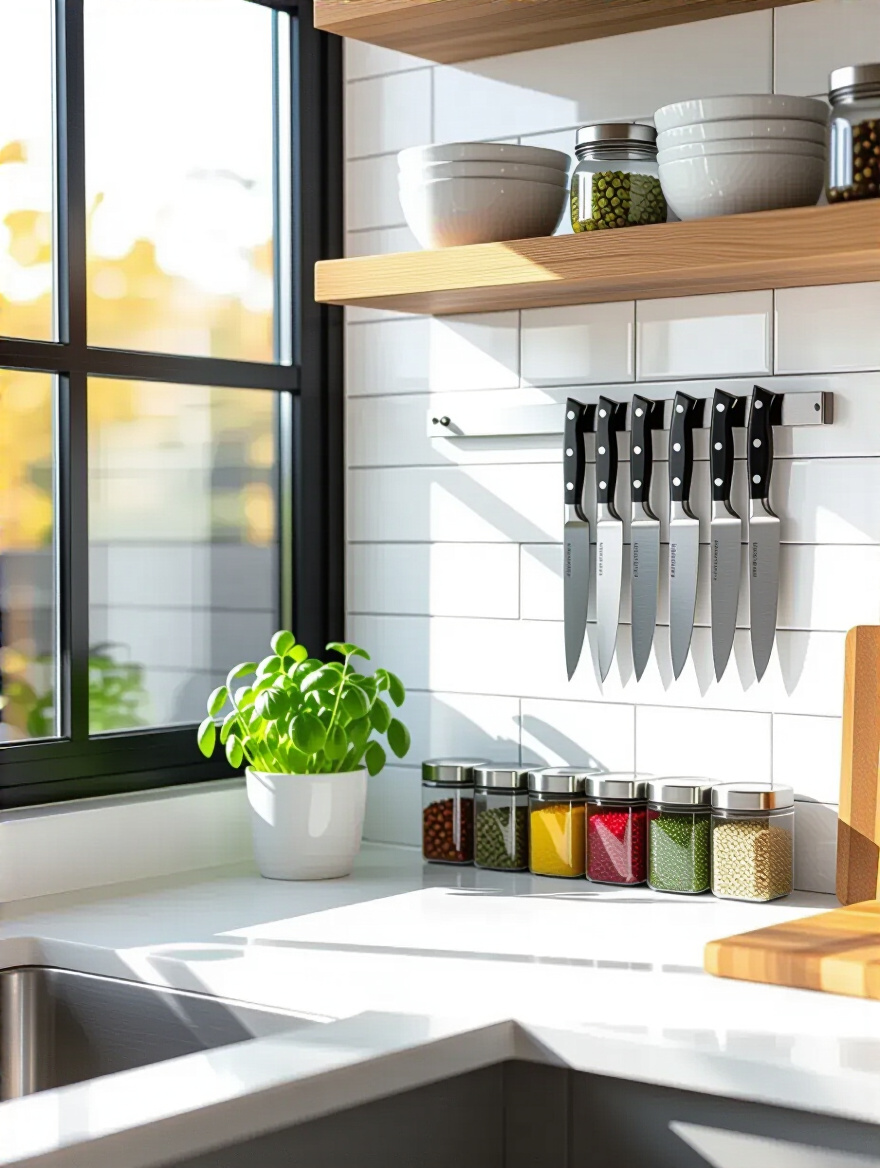 Modern kitchen wall with magnetic knife strip and spice tins on white tile backsplash