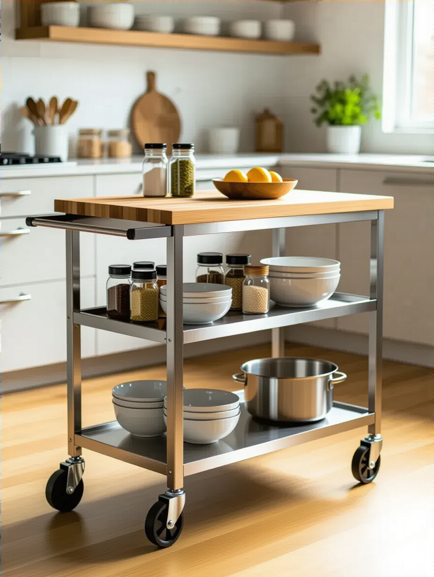 Modern mobile kitchen cart with butcher block top and stainless steel frame in a bright kitchen