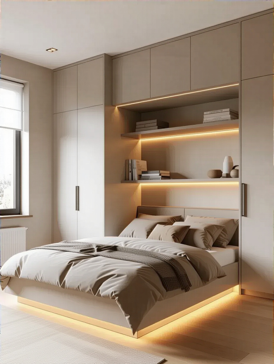 Modern compact bedroom with floor-to-ceiling vertical storage solutions and minimalist design