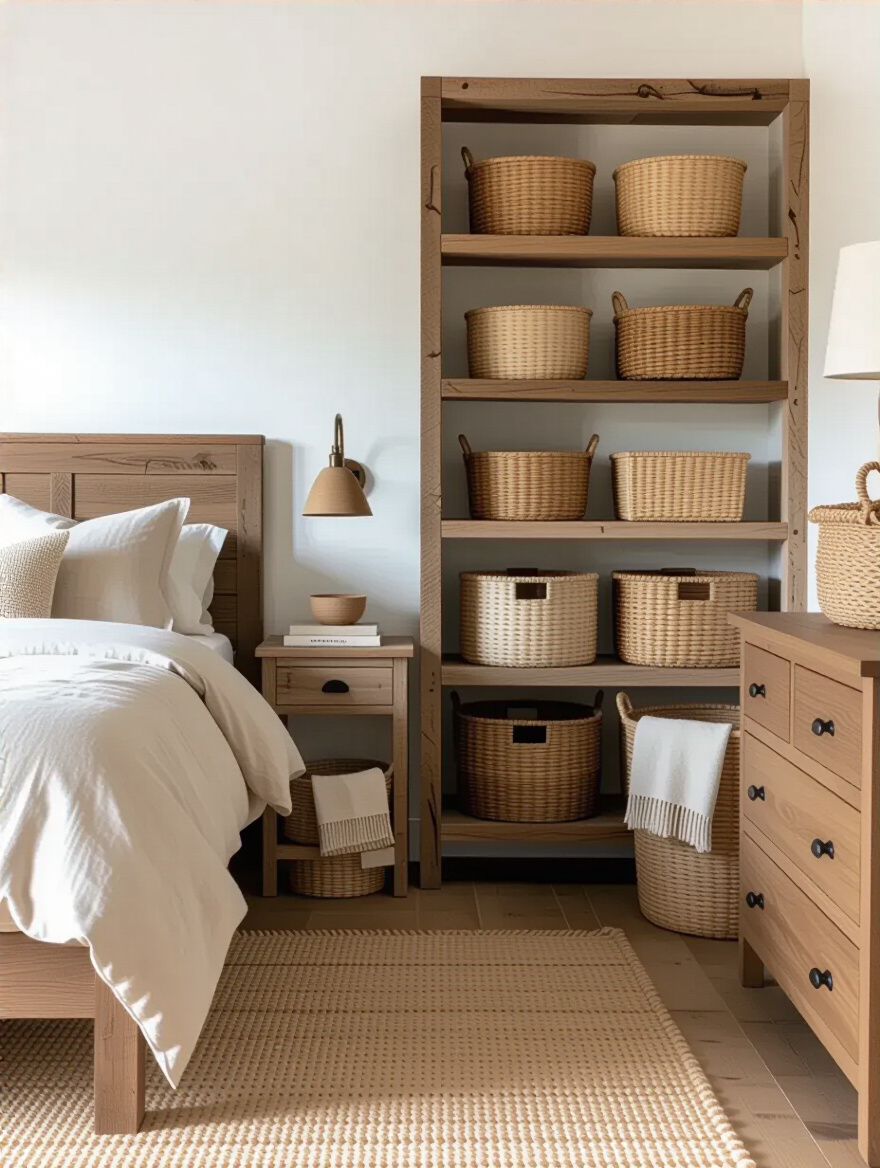 Vertical photo of a rustic bedroom showcasing woven baskets for storage: seagrass laundry basket in a corner, wicker baskets on open shelving, and small bedside basket with folded throw.