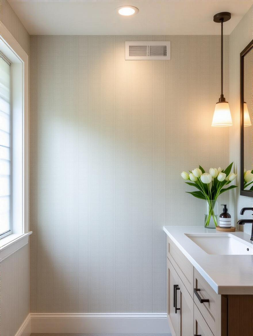 Portrait-style bathroom wall with wallpaper and vent illustrating ventilation for humidity control