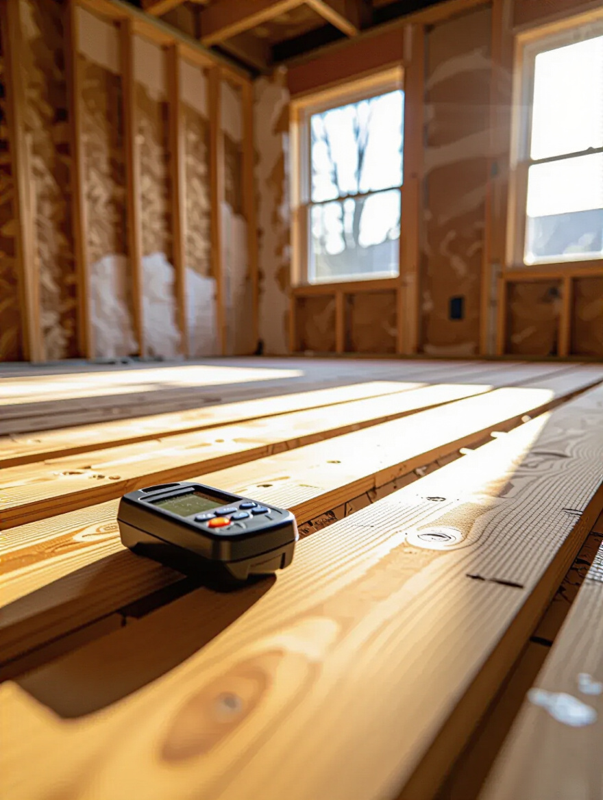 Exposed wooden subfloor and joists under bathroom renovation with moisture meter on surface
