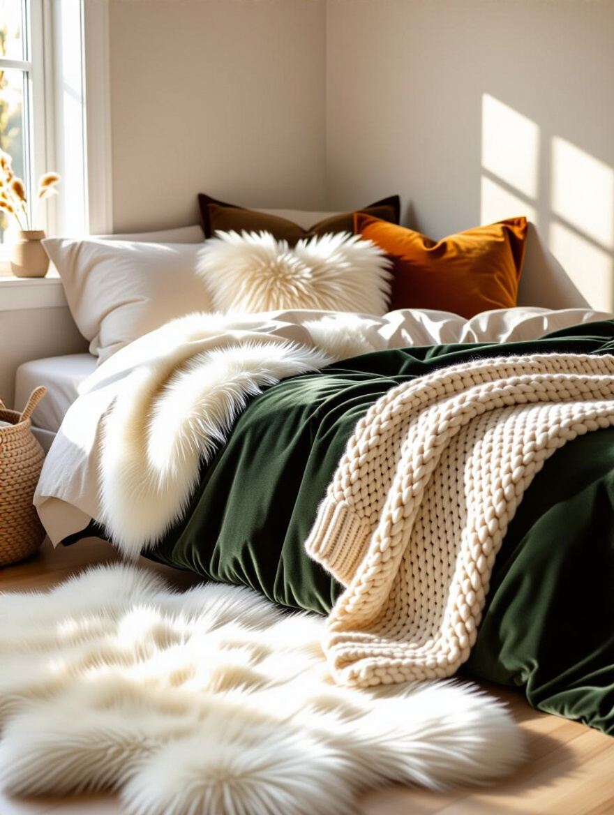 Cozy teenage bedroom corner with layered plush textiles and pillows on bed and faux fur rug on floor