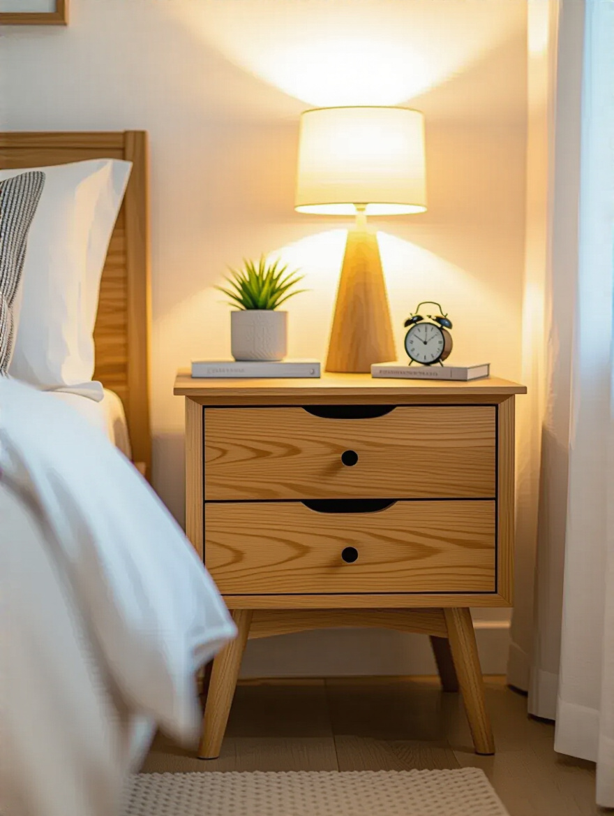 A bedroom with a wooden bedside table featuring a natural finish, providing a warm and inviting ambiance.