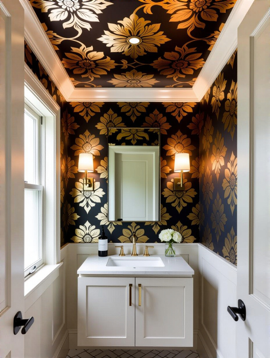 Portrait of a compact bathroom with a bold wallpapered ceiling as the focal point, no people.