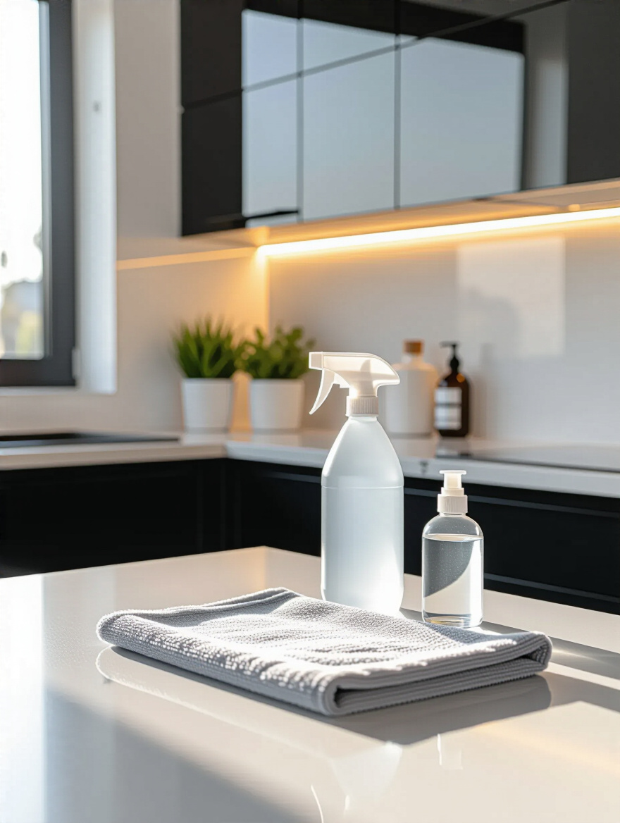 Portrait of a modern black kitchen cabinet scene with microfiber cloth and spray bottle for streak-free cleaning.