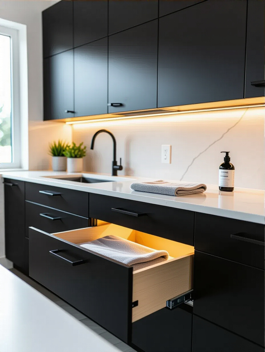 Vertical editorial shot of a modern black kitchen showing protected drawers and a microfiber cloth on the counter.