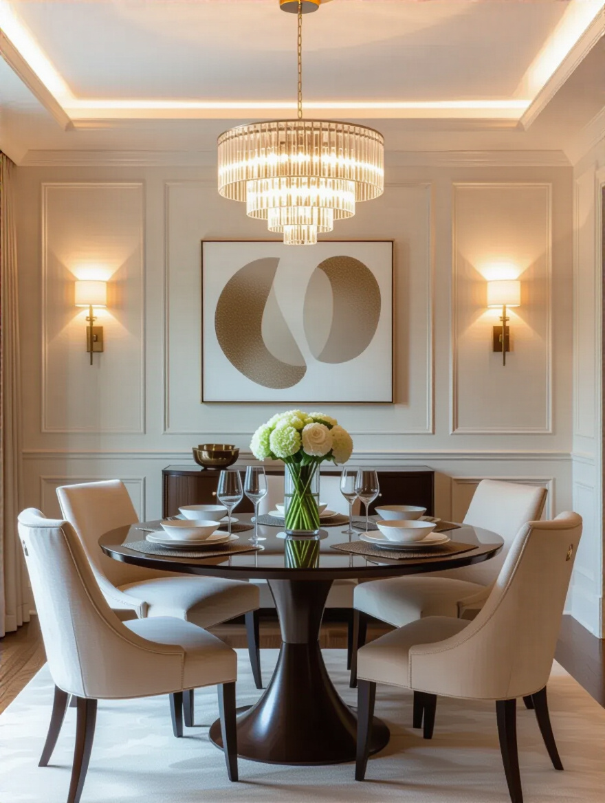 Elegant dining room interior showing a chandelier, cove lighting, and wall sconces, illustrating a balanced approach to ambient and task lighting.