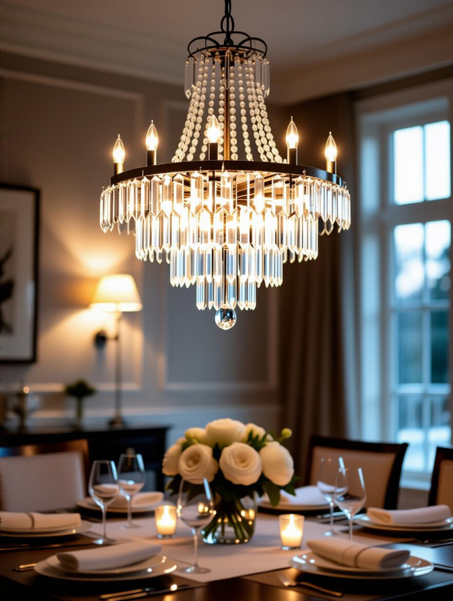 A beautifully lit dining room at dusk with a crystal chandelier whose light appears adjustable, showcasing the versatile ambiance possible with dimmer switches.