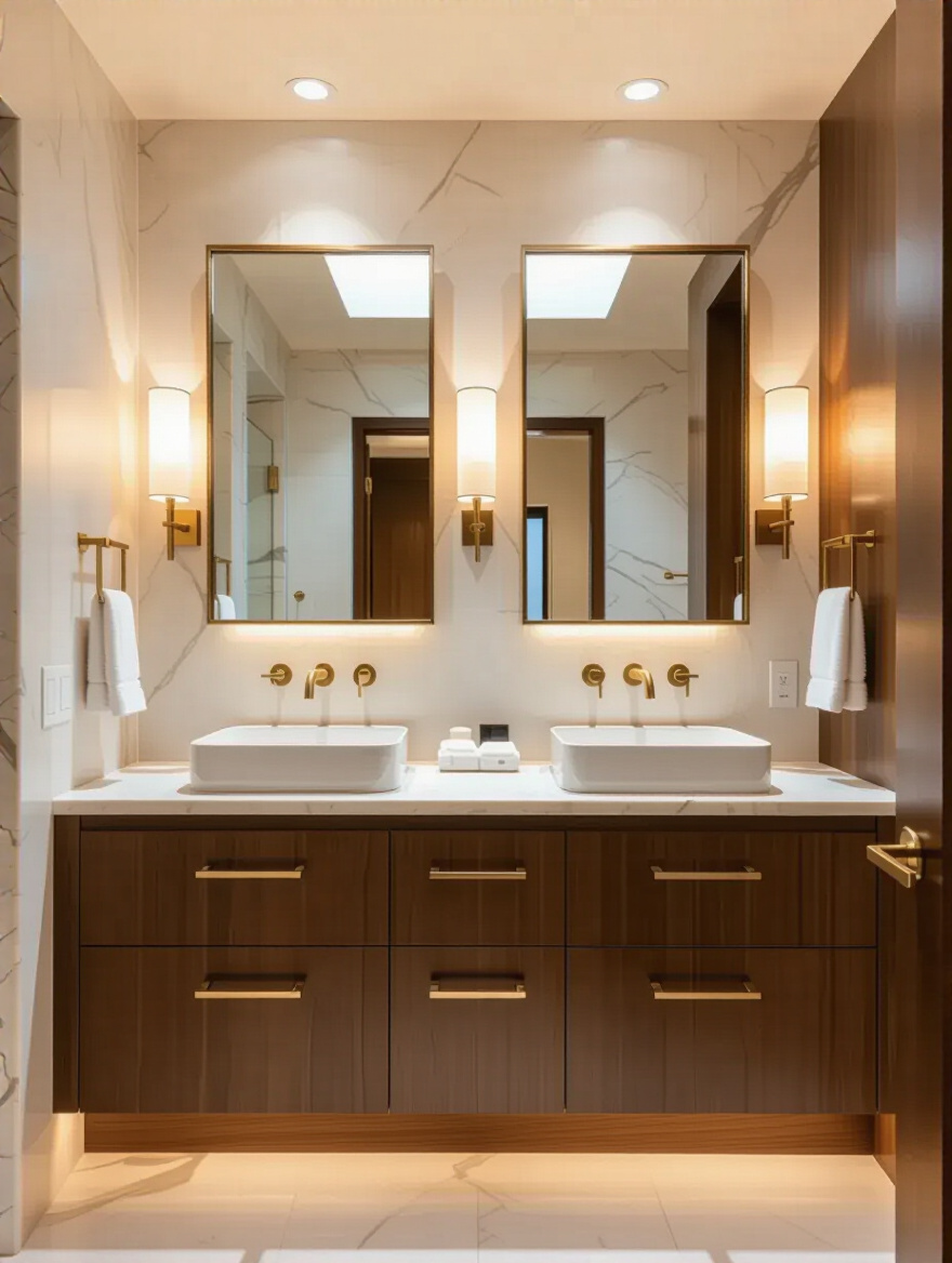 Luxurious bathroom with wall-length double vanity, integrated storage cabinetry, and two sinks