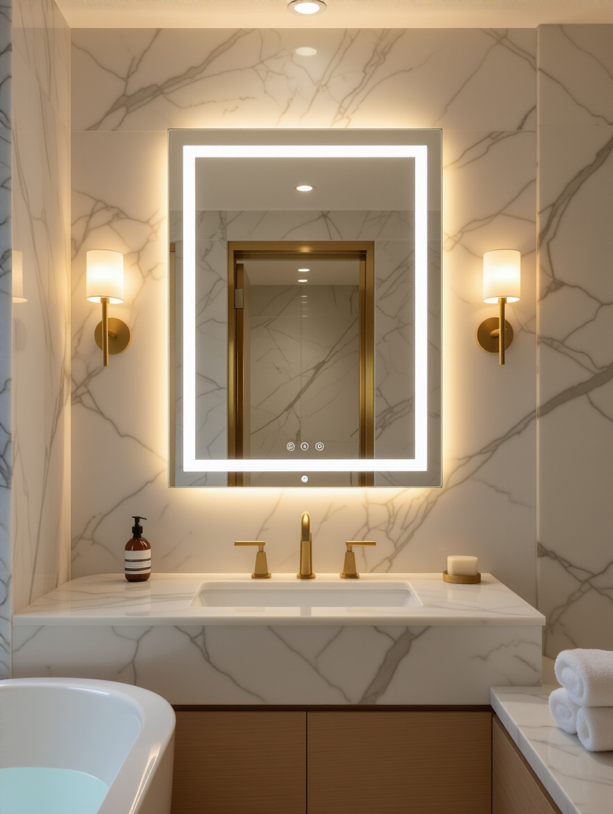 Luxurious bathroom featuring an anti-fog smart mirror with integrated lighting above a marble vanity