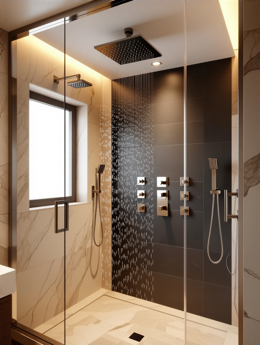 Luxurious spa-like shower with rain head and body jets