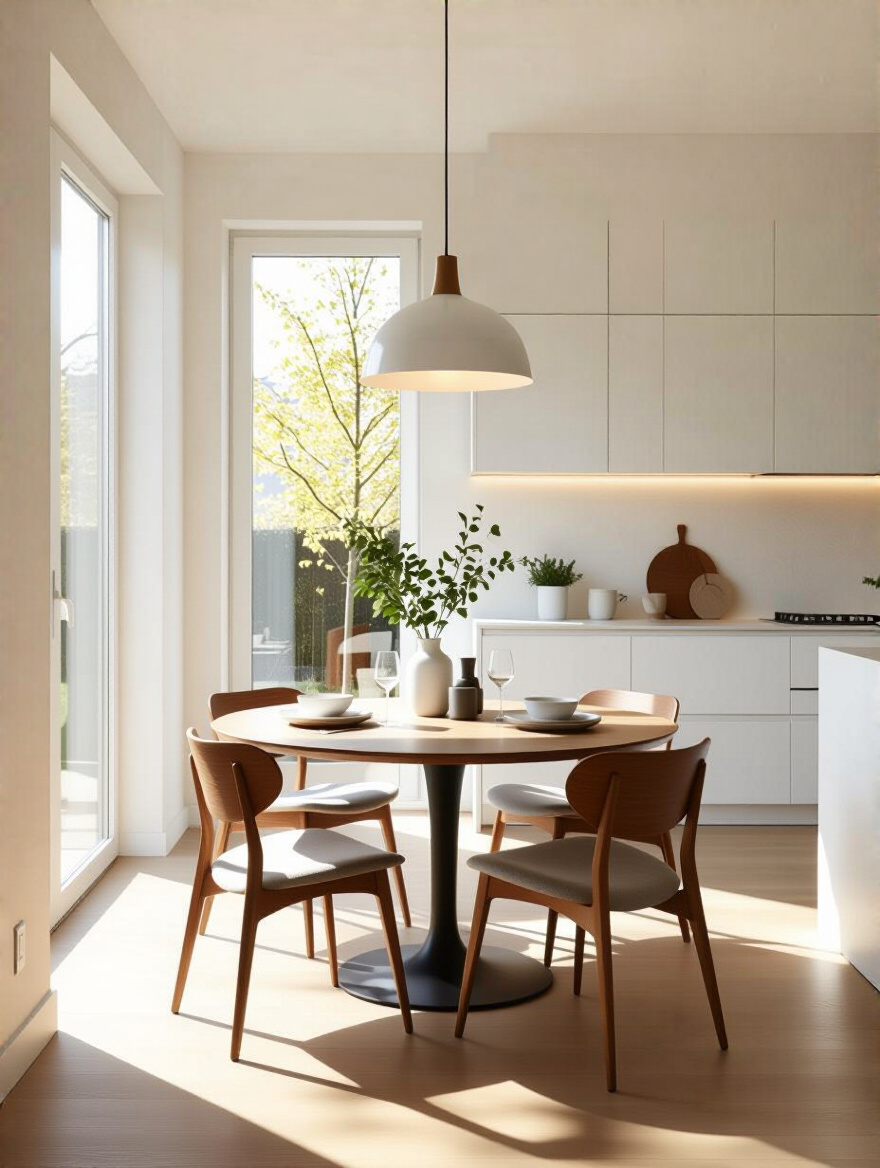 Portrait view of a dining area with clear space around the table