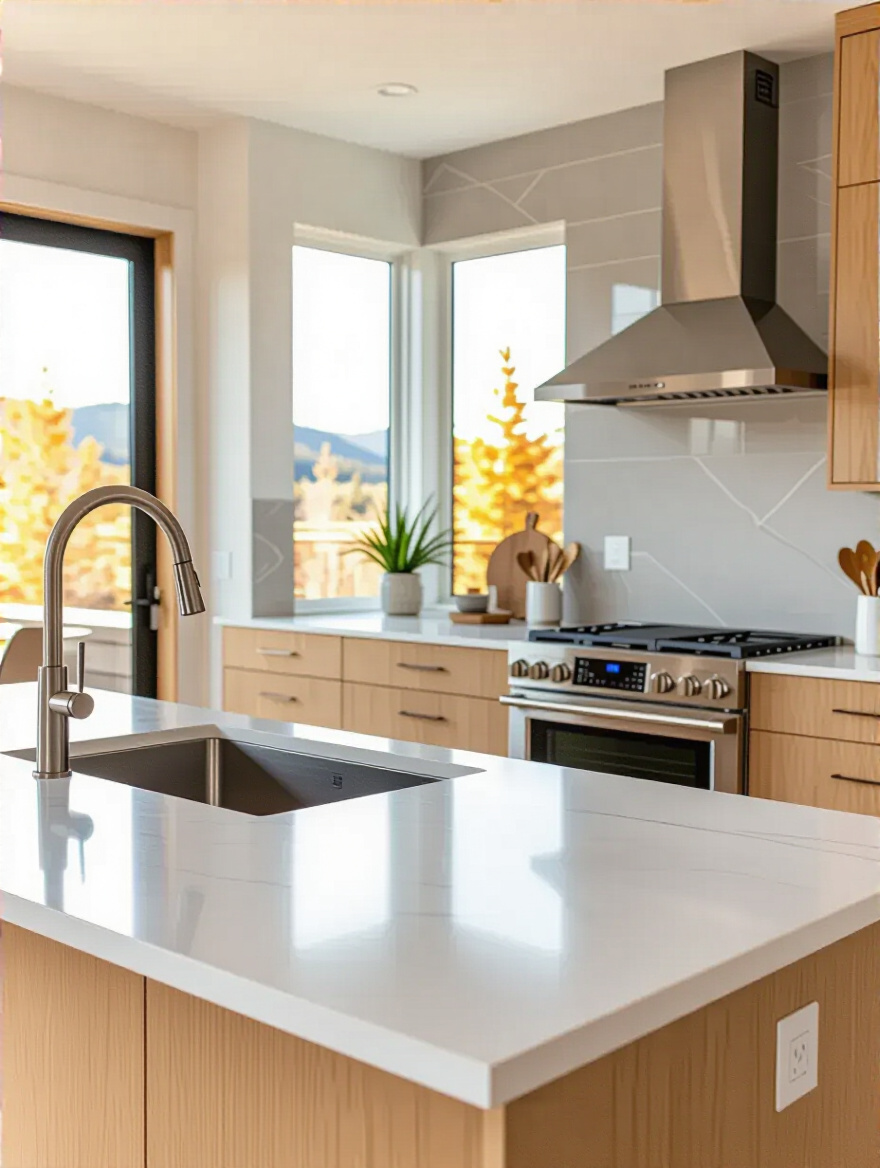 Modern kitchen with light oak cabinetry, white quartz countertop, stainless steel appliances, and grey tile backsplash, showcasing a cohesive material and color palette.
