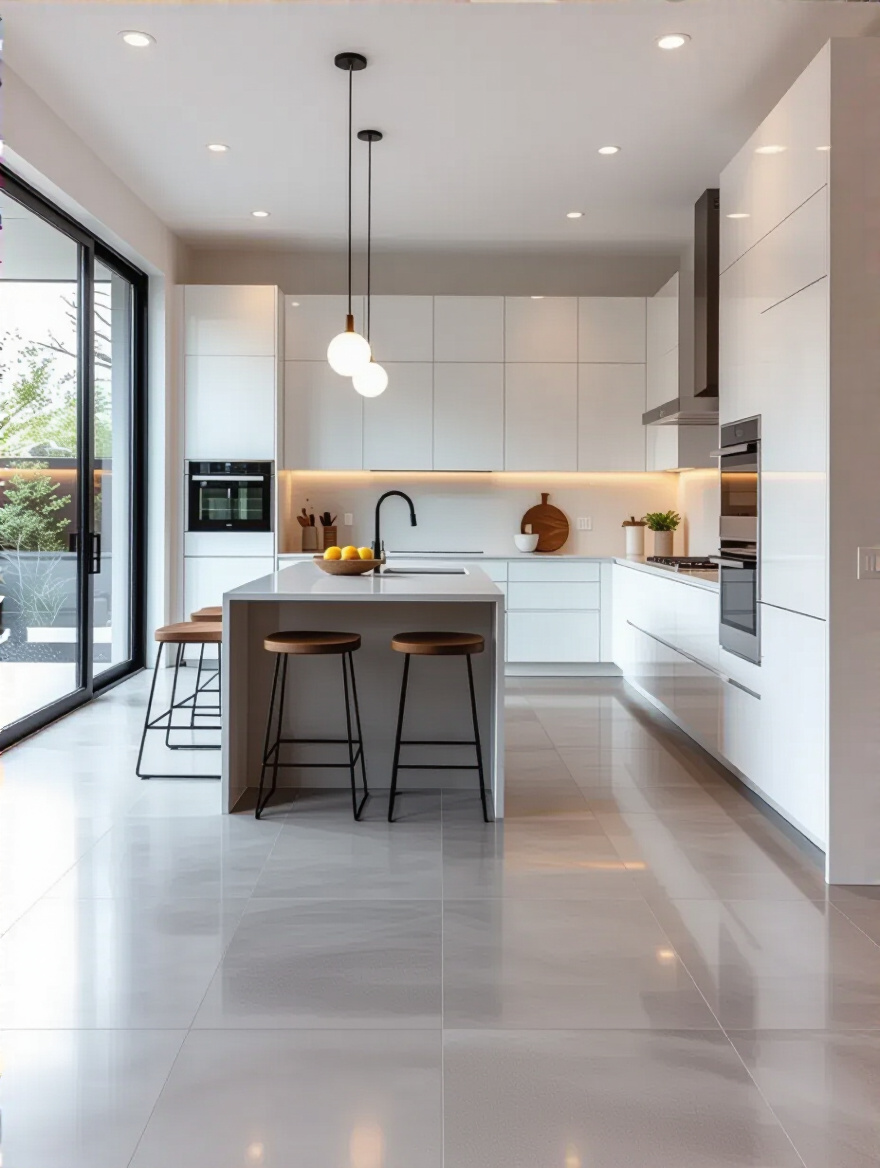 Portrait of a contemporary kitchen with seamless large-format flooring