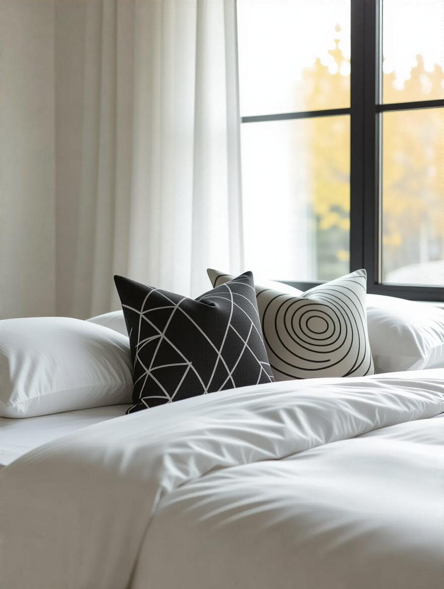 Modern bedroom with crisp white bedding, featuring two charcoal gray geometric and abstract throw pillows, creating subtle visual interest and a sophisticated focal point.