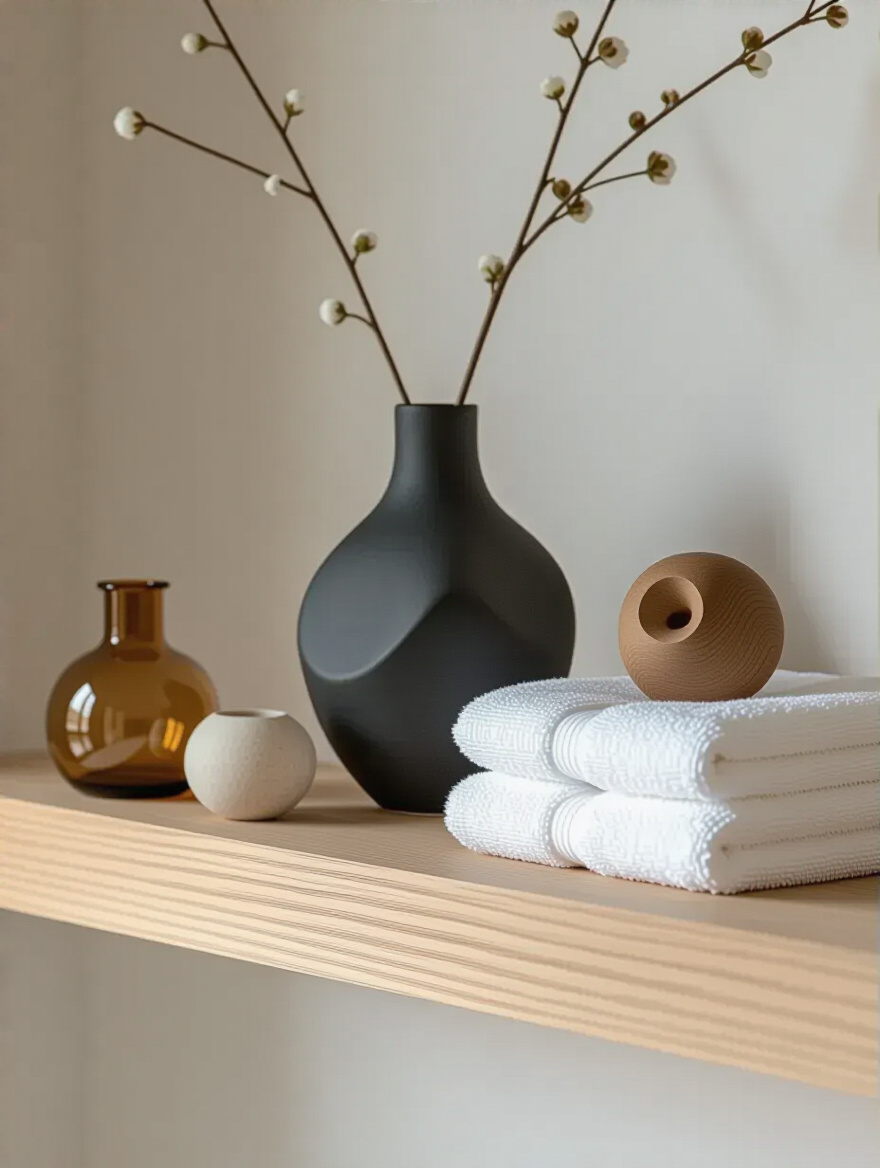 Floating white oak bathroom shelf decorated with a matte black irregularly shaped ceramic vase, an amber glass bud vase, and a carved wooden sphere. The shelf also has folded white towels. This illustrates how sculptural objects create visual interest in bathroom shelf decor.