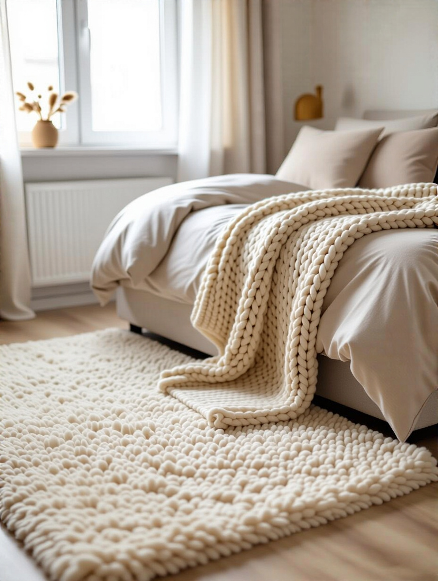 A cozy small apartment bedroom corner featuring a plush cream rug extending from under the bed and a chunky knit throw draped over the bed, adding instant warmth and texture.