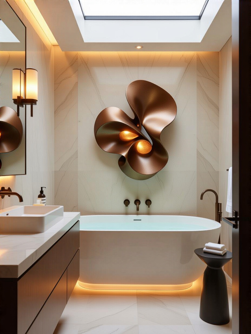 Vertical luxury bathroom with bespoke sculpture above a freestanding tub